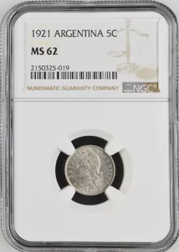 :1921 5-CENTAVOS ARGENTINA CAP LIBERTY HEAD NGC MS62 RARITY R10 1/0 TOP POP