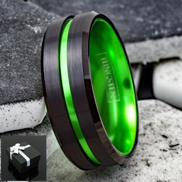 Tungsten Carbide Men's Black Thin Green Line Band Ring-Border Patrol-Military Tungsten Carbide Men's Black Thin Green Line Band Ring-Border Patrol-Military