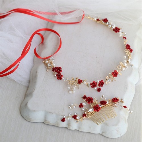 Bridal Hair Accessories Red Floral Headband Gold Wedding Hair Comb Earrings Gift - Picture 3 of 7