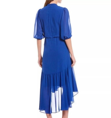 NWT Taylor Royal Blue Azure Chiffon V NWT) Neck High Low Women's Midi Dress - Picture 2 of 11