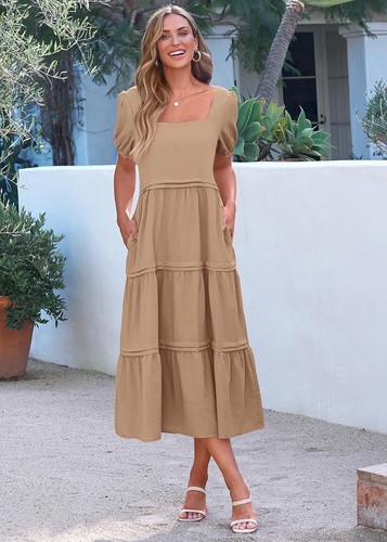KIRUNDO Women Summer Maxi Dress Casual Loose Puff Sleeve Square Neck Khaki XL - Picture 4 of 6
