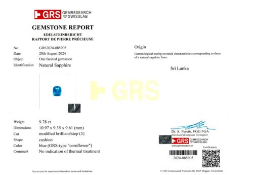 GRS Certified CEYLON Blue Sapphire 9.78 Ct. Natural Untreated CORNFLOWER Rare - Picture 2 of 5