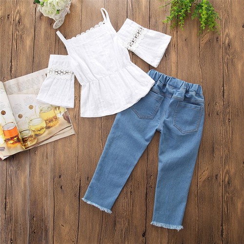 2pcs Fashion lovely Kids Baby Girl Lace Halter Tops+ Denim pants Clothes Outfits - Picture 5 of 11