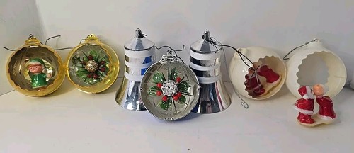 Vintage Jewel Brite Ornamente Diorama Glitzer Santa Elfe Kind Baumkranz Glocken Lot