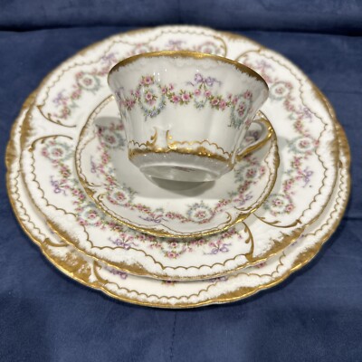 Rare Haviland Limoges Ribbon , Bows Cup & Saucer Plates Set