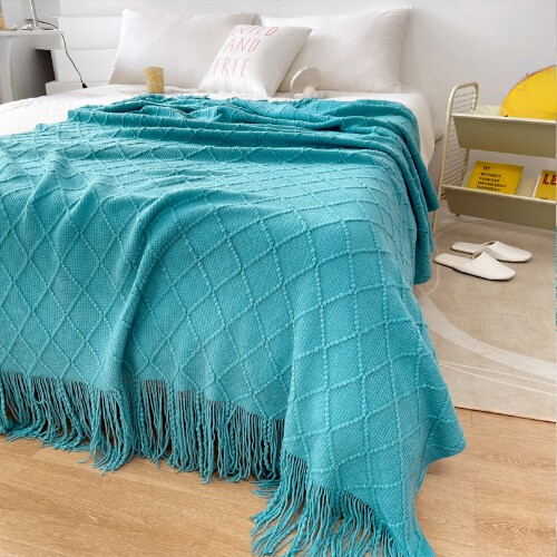 Knitted Blanket Nordic Plain Bed Decor Thread Blankets with Tassel Sofa Plaids - Picture 26 of 33