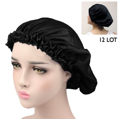 12 PC Black Large Sleep Hair Cap Breathable Comfortable Elastic Salon Hair Cap - Picture 1 of 1