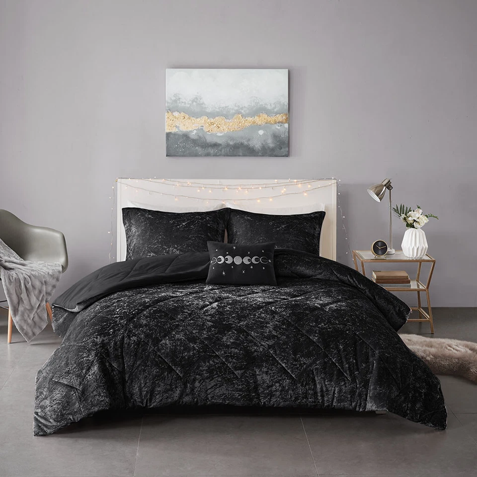 MODERN ULTRA SOFT PLUSH COZY BLACK GREY VELVET VELOUR FULL QUEEN COMFORTER SET - Image 2 of 3