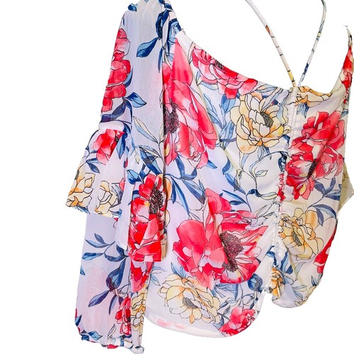 Guess Brailyn Ruched Over The Shoulder Tangled Blooms Ivory Women’s Size Large - Picture 12 of 12