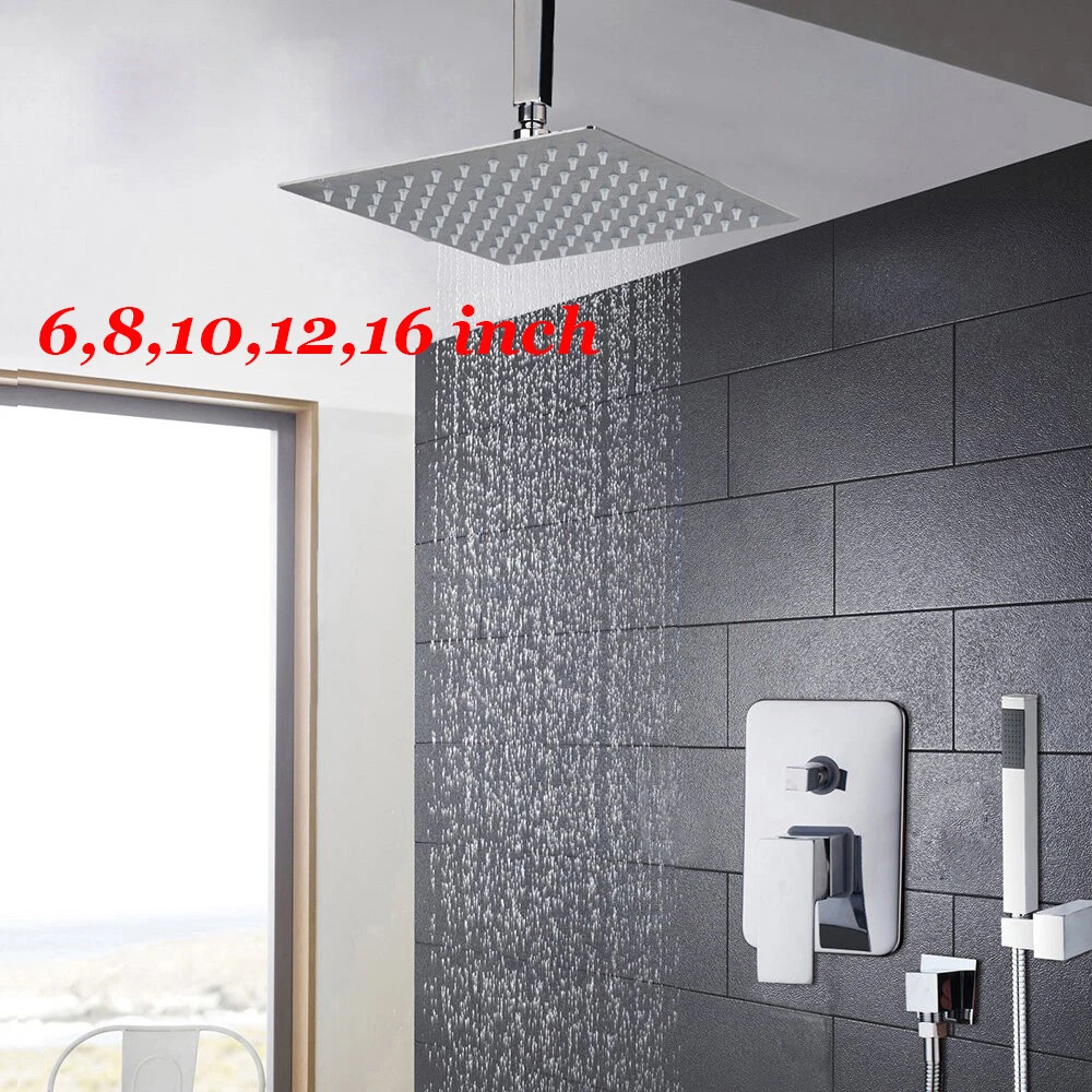 Ceiling Mount Rain Shower Head Concealed 2-Way Mixer Valve Hand Spray Faucet Set