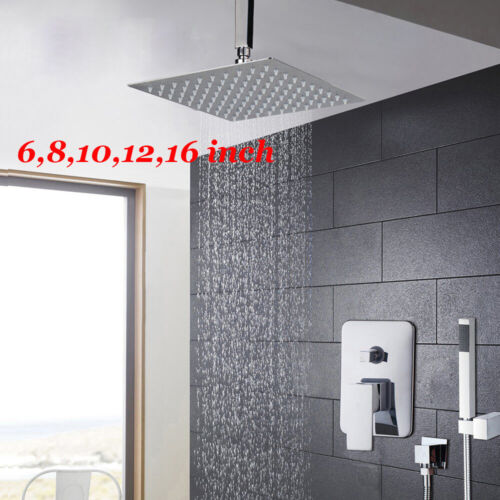 2-Way Silver Ceiling Mount Rain Shower Head Mixing Valve Hand Shower Faucet Set