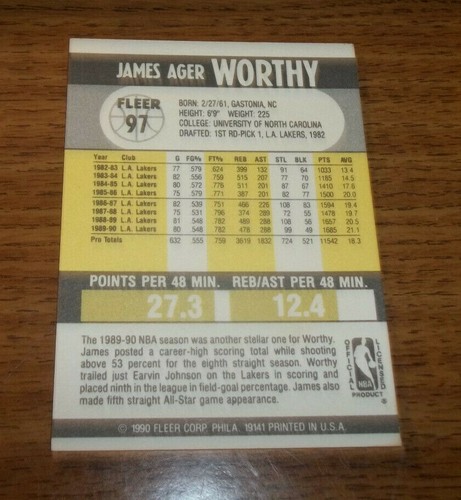 James Worthy 1990 Fleer #97 Los Angeles Lakers - Picture 2 of 2