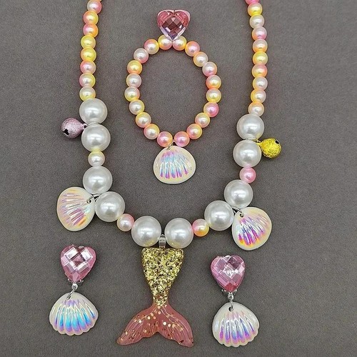 Girl's Mermaid Theme Sequin Hair Accessories Mermaid Jewelry Kit Necklace Ring - Picture 16 of 28