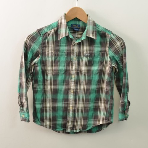 Polo Ralph Lauren Flannel Shirt Boys Size 7 Green Plaid Cotton Long Sleeve