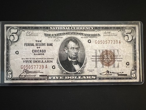 1929 Chicago Brown Seal $5 Note Federal Reserve Bank - Picture 1 of 4