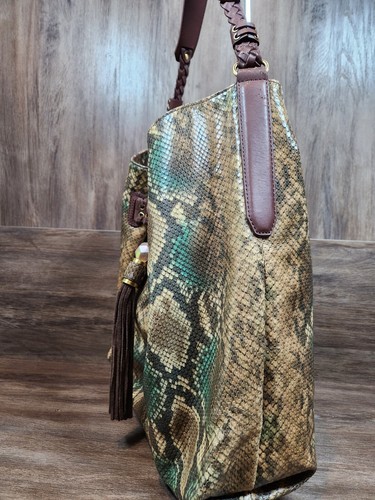 Rafe New York Python Leather Embossed Large Hobo Tote Shoulder Bag Tassel Brown - Picture 5 of 13