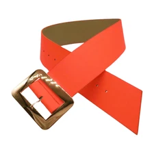 Women Wide Belt Neon Orange Faux Leather Gold  Square Buckle Adjustable Size S M