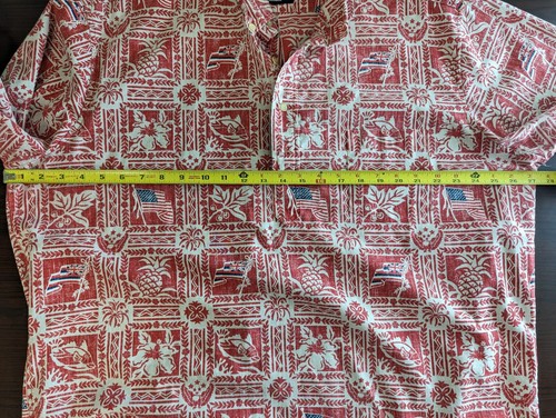 Reyn Spooner Shirt Hawaiian Aloha Shirt Pullover Bandiera USA Uomo XL Rosso Britannico - Foto 12 di 13