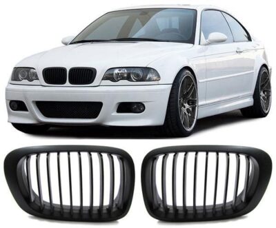 BMW E46 2DR - 03 & M3 MATTE BLACK FRONT KIDNEY GRILLES GRILLS SINGLE SPOKE