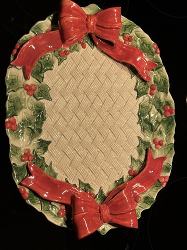 Fitz and Floyd Weihnachten große Schleife Kranz Korb Webplatte 13" Vintage Taiwan oval - Bild 2 von 12