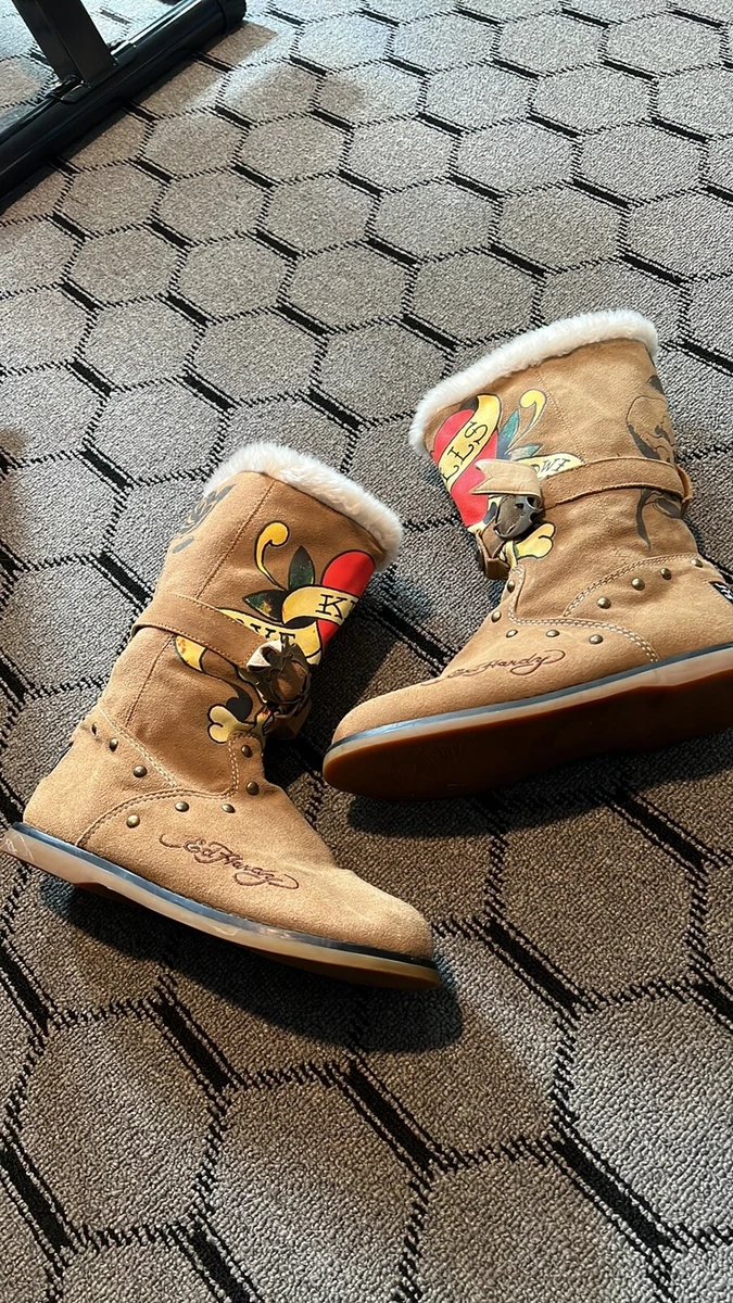 Ed Hardy leather shearling boots womens size 10 eBay
