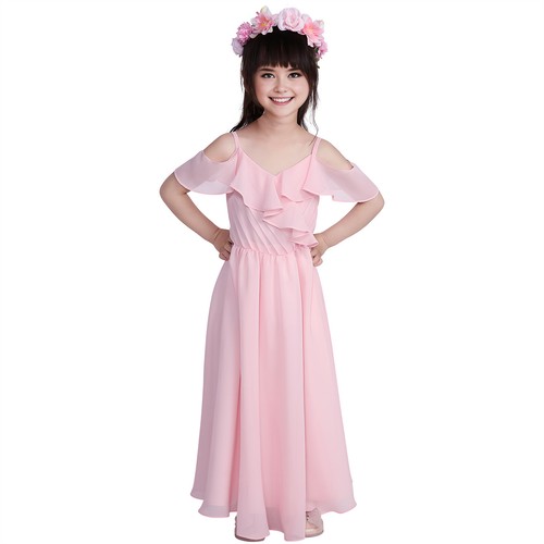 Girls Pink Wedding Party Dress Celebration Pageant Off-shoulders Long Dress