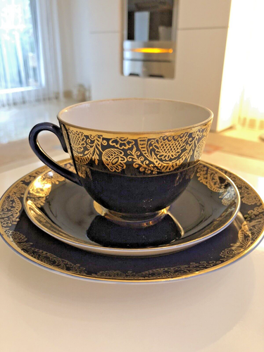 Lomonosov Porzellan Tee- Kaffee-Gedeck Kobalt Gold 3-Teilig.Hand decorated. - Bild 1 von 24
