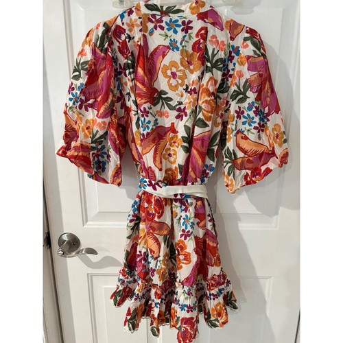 Farm Rio Floral Mini Dress 3/4 Puff Sleeve Button Front Belted M - 第 5/6 張圖片
