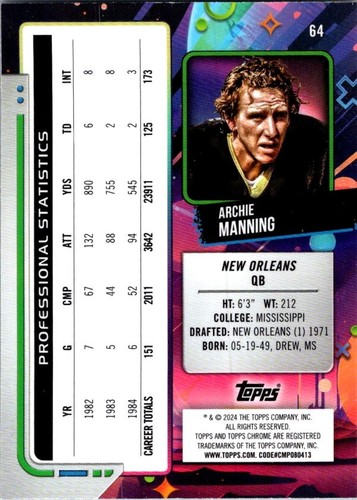 2024 Topps Cosmic Chrome - Archie Manning #64 - Bild 2 von 2