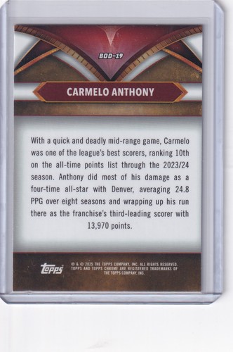 2024-25 Topps Chrome Ball of Duty #BOD-19 Carmelo Anthony - Denver Nuggets - Picture 2 of 2