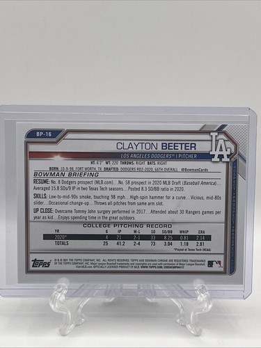 Clayton Beeter 2021 Bowman 1ª Edición 1er Papel #BFE-16 Azul 116/150 Dodgers - Imagen 4 de 4
