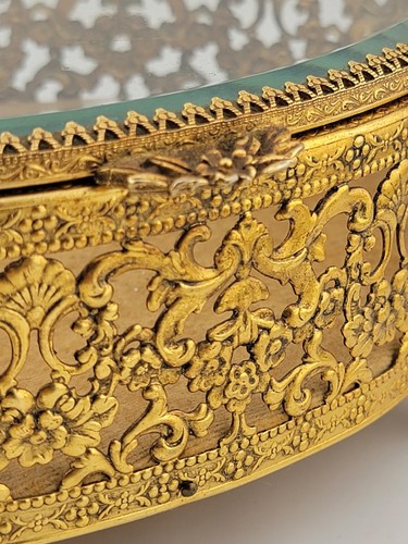 Vintage 1950s Hollywood Regency Ormolu Jewelry Casket Beveled Glass Filigree Box - Afbeelding 11 van 17