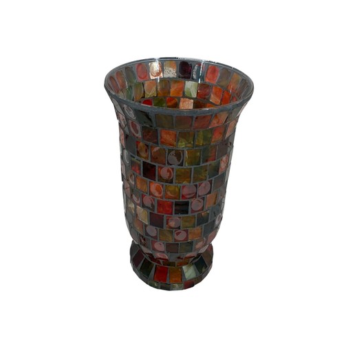 Mosaic Vase Candle Holder 9.5” Tall x 5.5" Wide Red Brown Gold Faux Flowers VTG - Picture 3 of 11