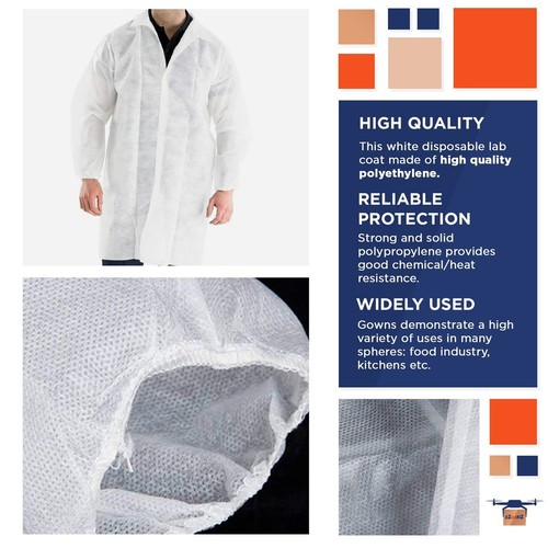 Disposable Lab Coats 30ct White Polypropylene Coats XL 42" Long - Picture 3 of 8