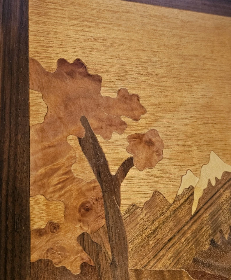Винтажная настенная пейзажная сцена инкрустация дерево маркетри горный пейзаж 15,5 дюйма x 12 дюймов с подписью - Изображение 4 из 4