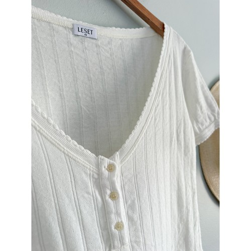 Leset | Pointelle V-neck Crop Tee Cream Off White | Sz XS - Picture 4 of 8