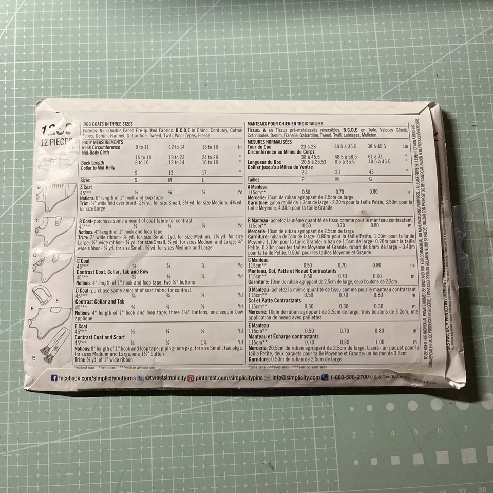 Simplicity Sewing Pattern 1239 Dog Coats in 3 Sizes, Size S, M & L New - Image 2 of 2