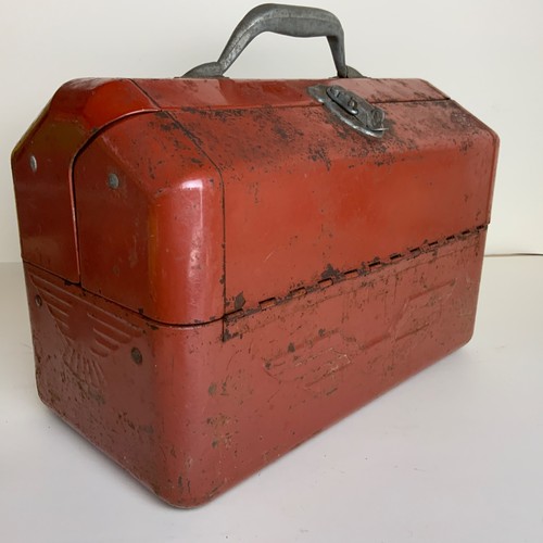 "Caja de aparejos de pesca vintage de metal rojo Simonsen Chicago - 14" x 7,5"" x 9,5""" - Imagen 1 de 14