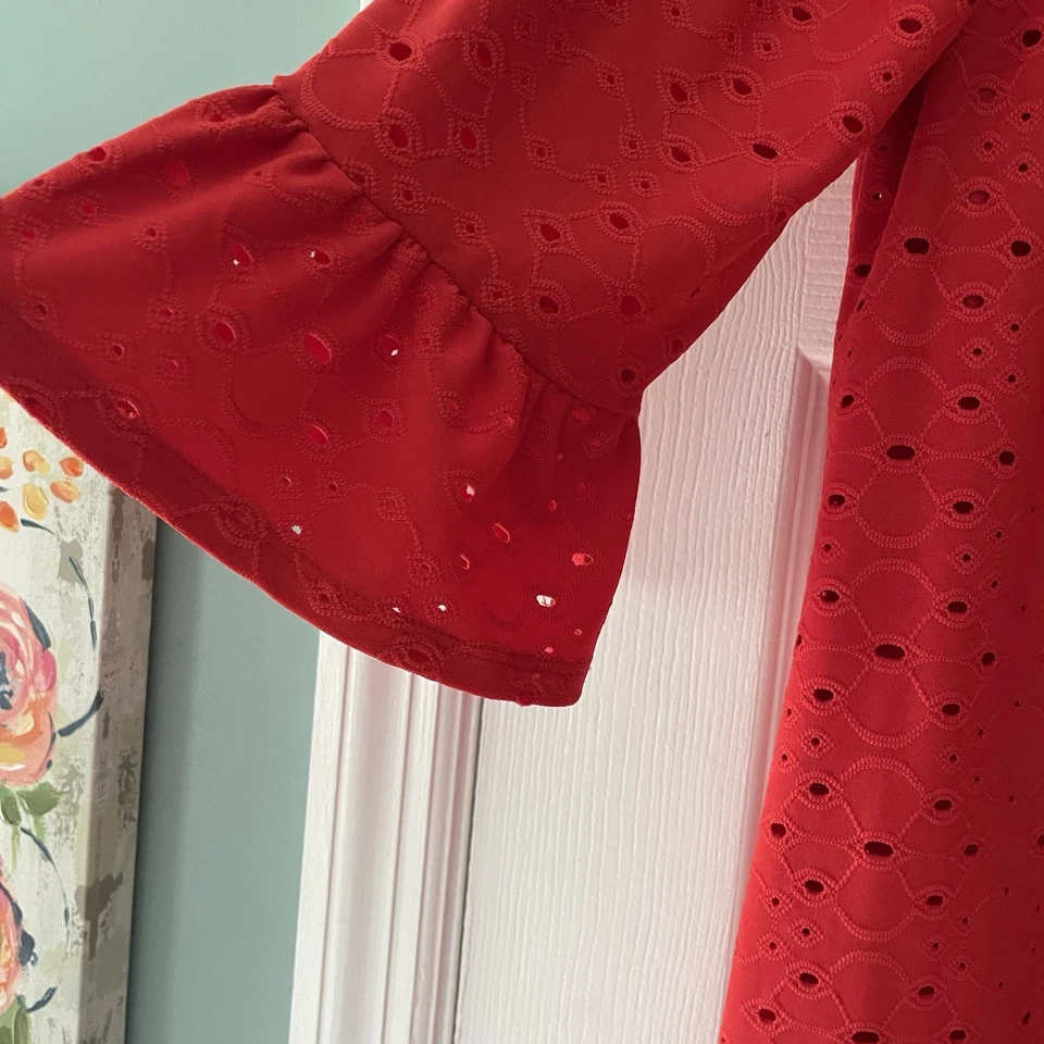 Tiana B. Vestido elástico con mangas con volantes forrado superpuesto de encaje rojo naranja talla 12 para mujer Foto 4 de 4