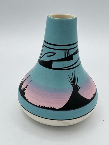 Handgefertigte Navajo Keramik Vase - Benally signiert Pferd Reiter Wüstenszene USA S - Bild 5 von 12