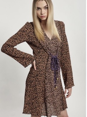 Nanushka Brown Crinkle Paneled V-Neck Long Sleeve Mini Dress Size Medium