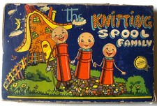Tricotin américain ancien, bois, 1930 par 3: coffret THE KNITTING SPOOL FAMILY