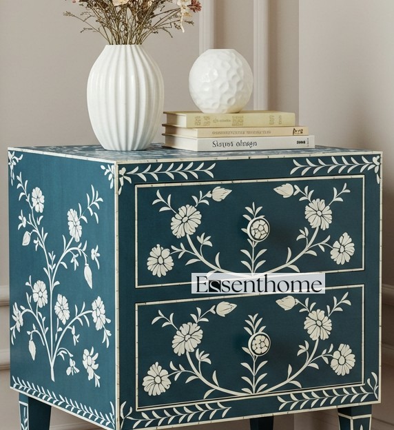 Serene Blue Floral Bone Inlay Handcrafted 2-Drawer Nightstand Accent Chest