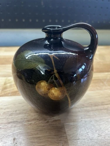Vintage Weller Louwelsa Brown Hand Painted Pottery Jug-Cherries- 5.75”- “L@@K”