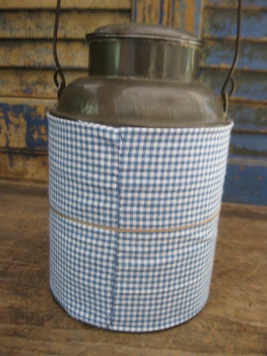 Antique Tin Cream Can Blue Calico Sleeve Corn Cake Biskets Label Tin Fork - Picture 5 of 11