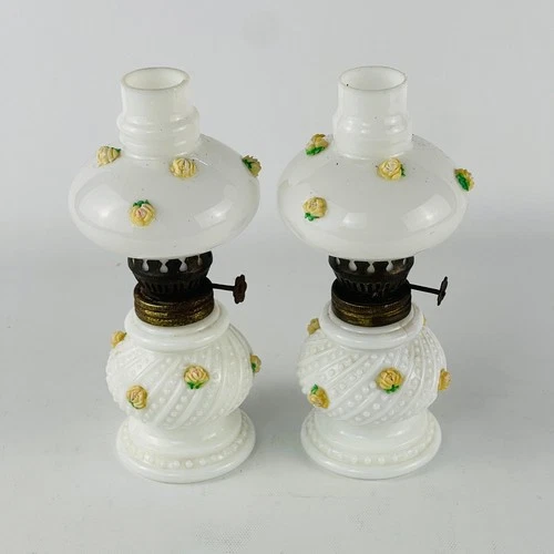 Vintage Mini Milk Glass Pair Oil Lamps 7” with Flowers 1972