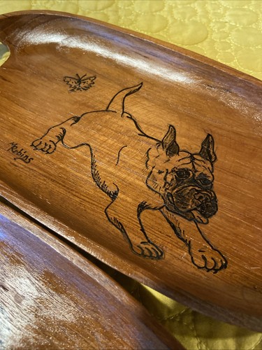 Hand Drawn Painted Inked Wooden Teakwood Trays w/Bulldogs wrapped handles signed - Picture 2 of 20