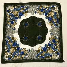 Unbranded Vintage All Silk Flowers Hand Rolled Green Square Scarf PGC