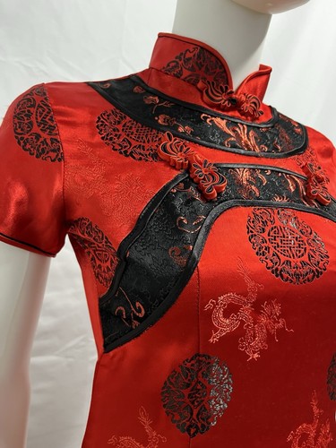 Vintage Red Silk Satin Dragon Empress Cheongsam Wiggle Contoured Glam Dress S - Picture 3 of 11