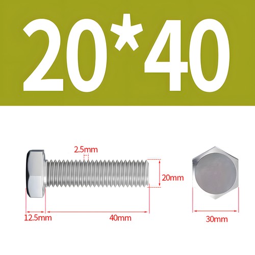 M20 Hex Cap Bolts / Screws, A2 304 Stainless Steel, 2.50 Coarse DIN 933 Tap 18-8 - Picture 6 of 27